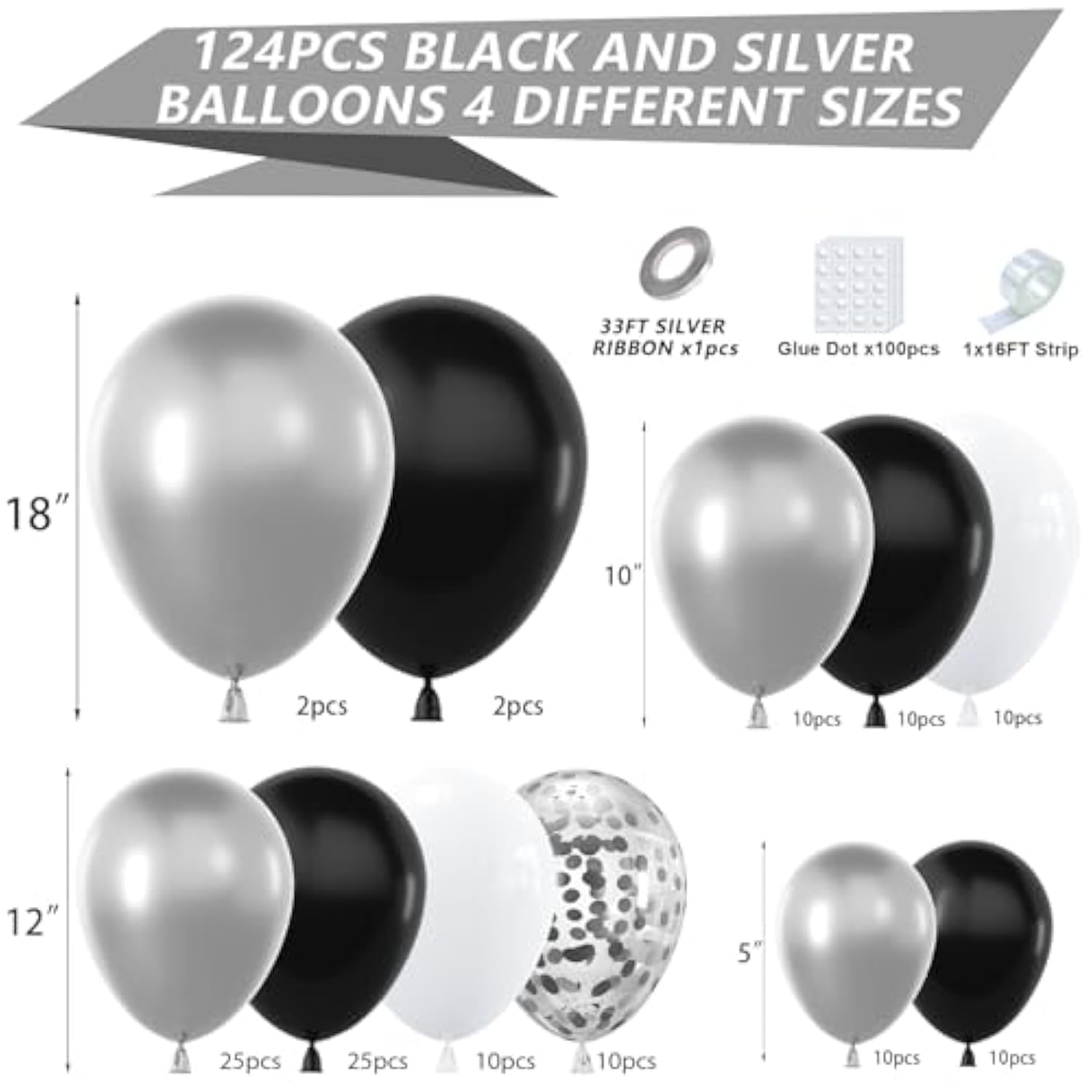 124pcs Black & Silver Balloon Garland Kit – NYE 2025, Graduation, Wedding and Party Decor