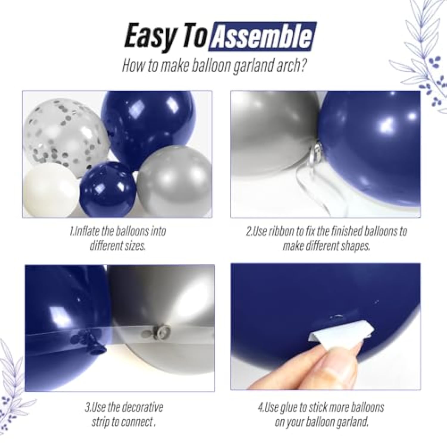 Navy Blue Balloon Garland Kit: Silver Confetti, Royal Blue & White (134 pcs)