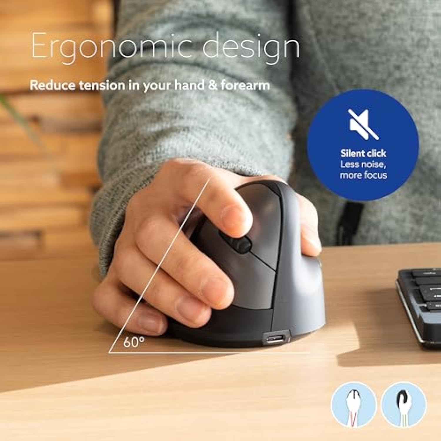 R-Go HE Break Ergonomic Mouse, Wireless Bluetooth - Vertical Ergo Mouse, for Small Hand, Prevents Tennis Elbow/Mouse Arm RSI, Silent Click - for Windows/MacOS, Black