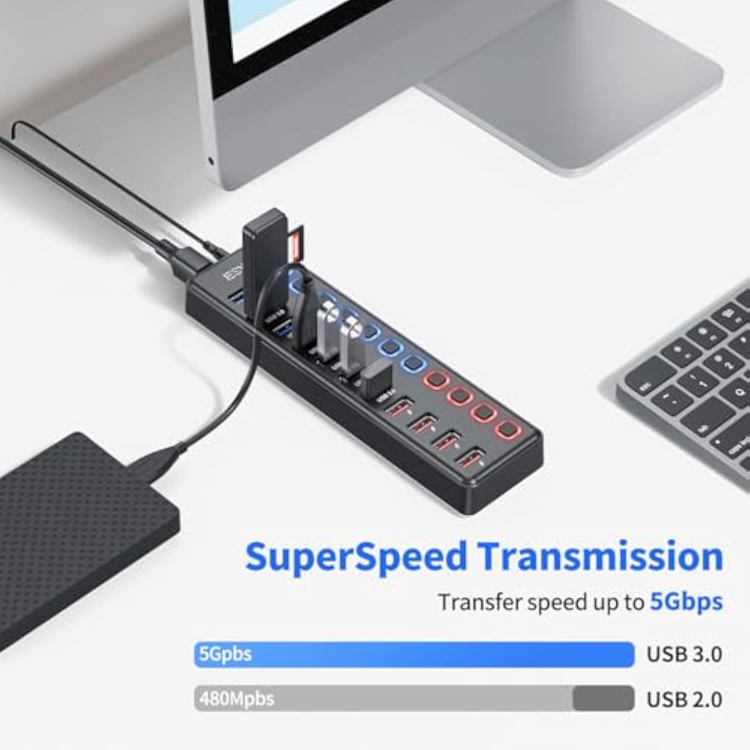 Powered Usb Hub, 11-Port Usb 3.0 Hub (7 Data Transfer Ports + 4 Smart Charging Ports) With Individual Led On/Off Switches, Usb Hub Powered With 12V/3A Power Adapter For Mac, Pc
