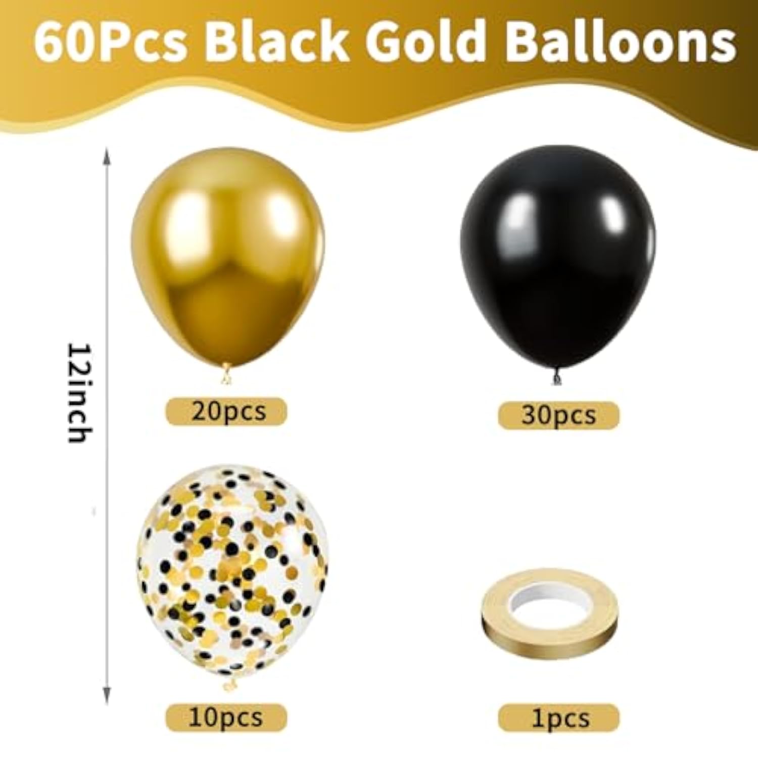 60-Piece Black and Gold Balloons Set with Metallic and Confetti Balloons for Party Decor