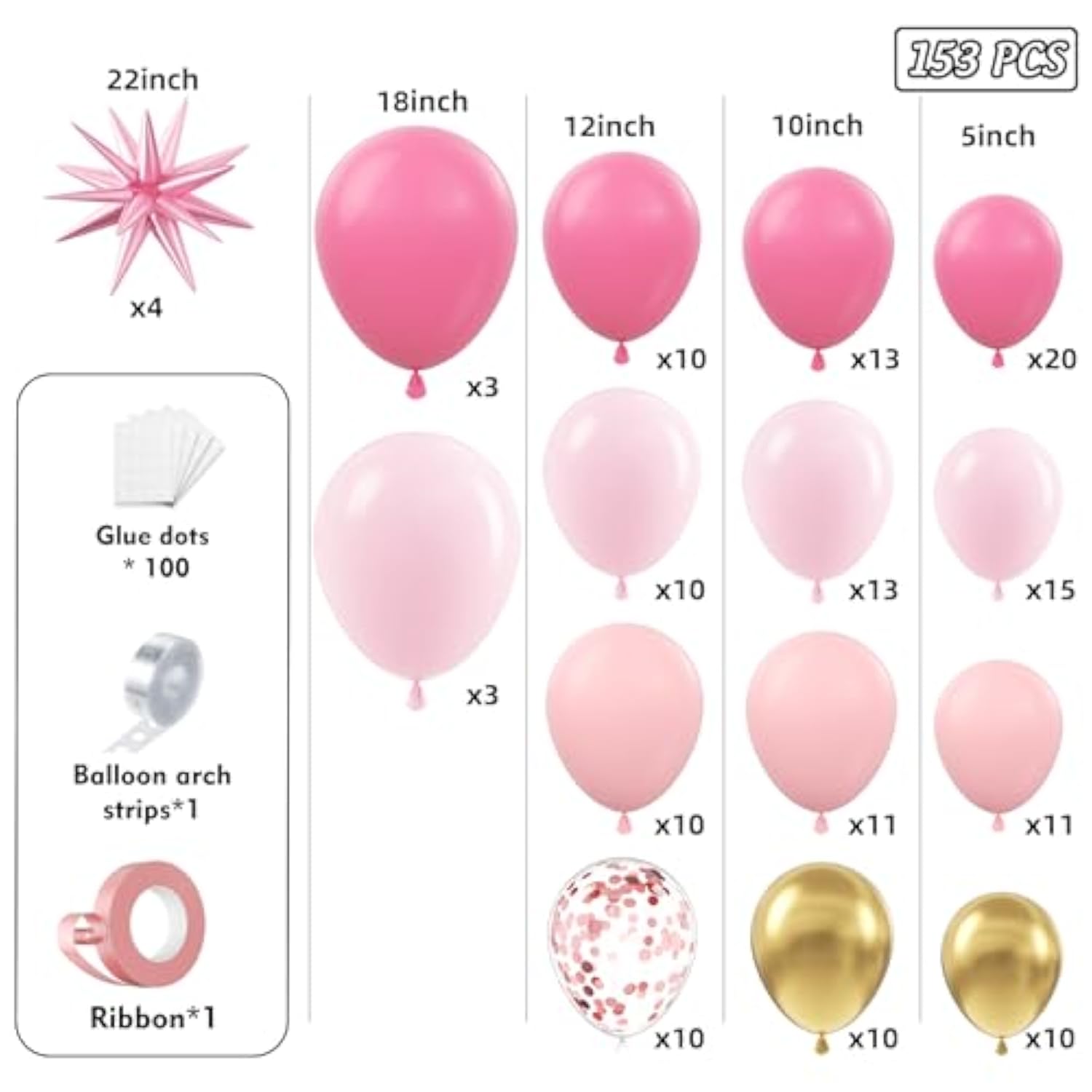 Pink Balloons Garland Arch Kit 153Pcs With Star - 22 18 12 10 5In Different Size Shades Of Pink And Gold Confetti Latex Balloons For Birthday Baby Shower Wedding Valentine'S Party Decorations
