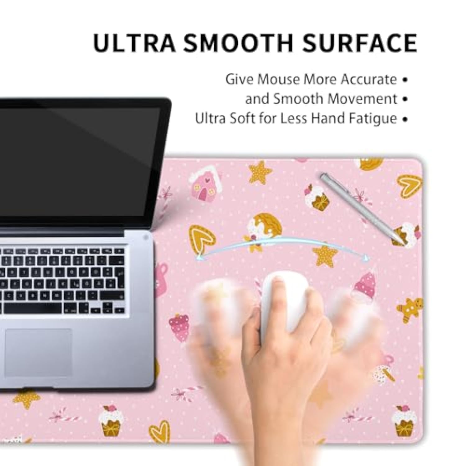 Pink Christmas Gaming Mouse Pad Xl Cute Kawaii Cupcake Gingerbread Extended Big Large Desk Mat Non-Slip Rubber Base Stitched Edge Xmas Holiday Long Keyboard Mousepad For Computer Laptop,31.5×11.8 In