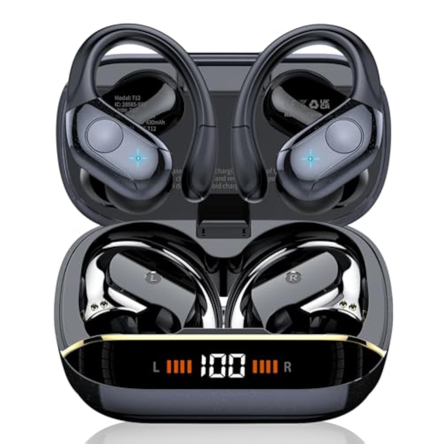 Wireless Earbuds Bluetooth 5.4 Headphones Sports, 75H Stereo Deep Bass Over Ear Buds With Earhooks, Bluetooth Earbuds With 4 Enc Mic, Led Display, Ip7 Waterproof Earphone For Running, Black