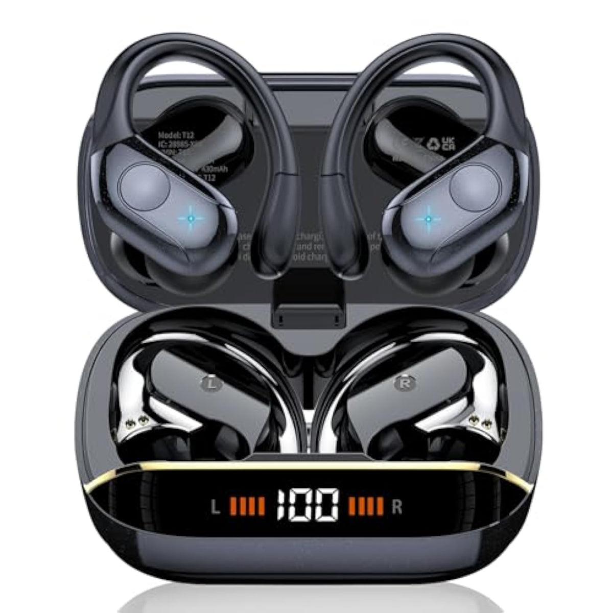 Wireless Earbuds Bluetooth 5.4 Headphones Sports, 75H Stereo Deep Bass Over Ear Buds With Earhooks, Bluetooth Earbuds With 4 Enc Mic, Led Display, Ip7 Waterproof Earphone For Running, Black