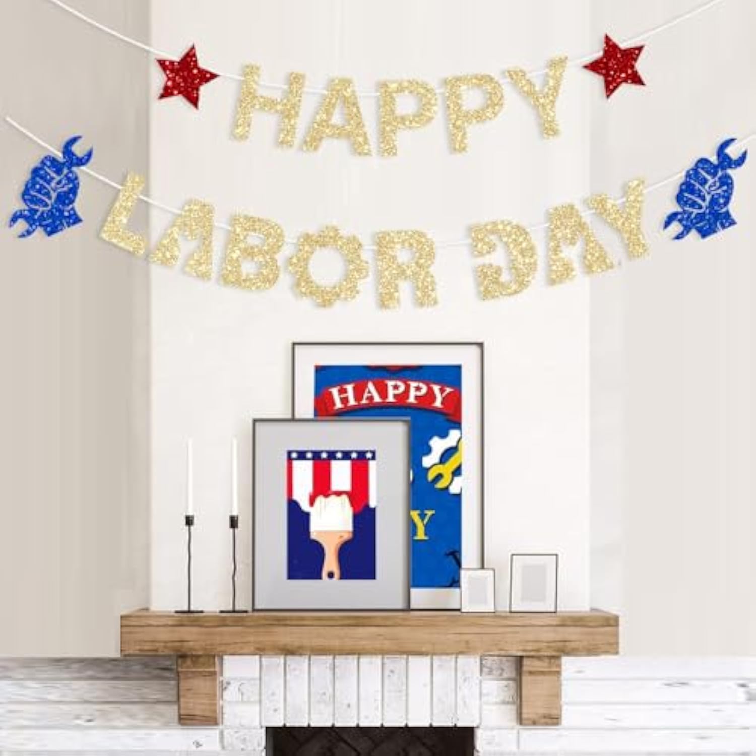 Glitter Gold Happy Labor Day Banner: USA Patriotic Home, School, & Office Decor