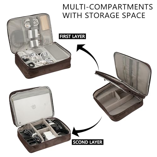 Electronics Accessories Organizer Bag, Waterproof Double Layertravel Cable Organizer Case For Cords, Charger, Power Bank,Hard Drive, Mouse -Shockproof Tech Storage Pouch (Classic-Two Layers-Brown)