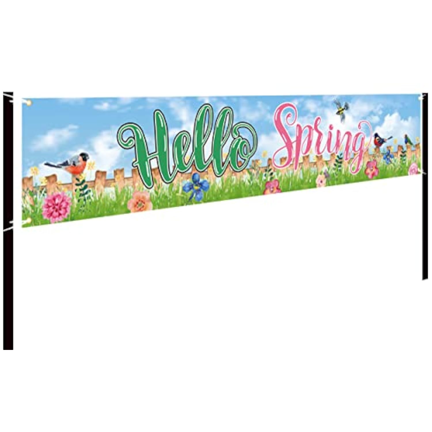 Hello Spring Large Banner Birds With Flowers Banner,Welcome Home Outdoor Flag Sign Decorations Holiday Party Polyester Outdoor Decor With Brass Grommets 8.2X1.64 Ft