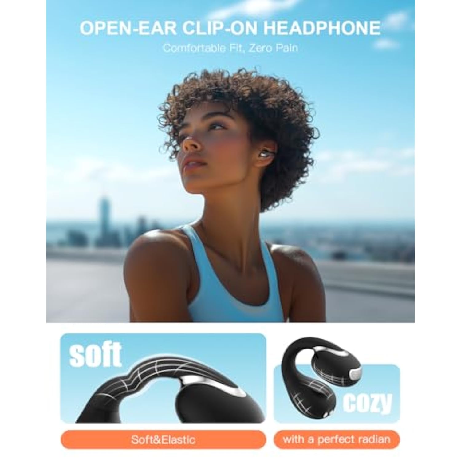 Open Ear Clip Wireless Earbuds Bluetooth 5.4, Lightweight Comfort Sports Bone Conduction Headphones Built-In Mic For Clear Audio, Stable Fit Earphones 24H Play-Black