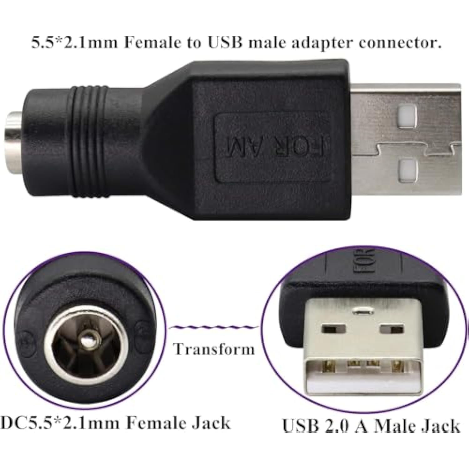 Usb To Dc Power Adapter, 2Pcs Usb 2.0 Male To Dc 5.5Mm X 2.1Mm Female 5V Connector Power Adapter For Usb Device And For Laptop Pc