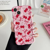 Compatible With Iphone 13 Case, Cute Wave Curly Pink Cherry Bow Phone Case For Women, Soft Tpu Shockproof Protection Cover Designed For Iphone 13 6.1 Inch