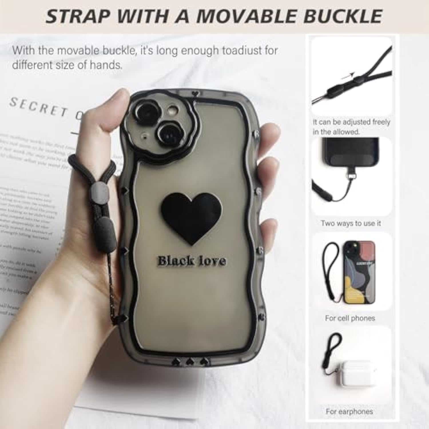 Phone Crossbody Strap, Cell Phone Lanyard For Women, 1× Leather Phone Strap, 1× Leather Phone Wrist Strap, 2× Pads, Phone Charm Compatible With Most Smartphones, Women'S Bag(Adjustable Black)