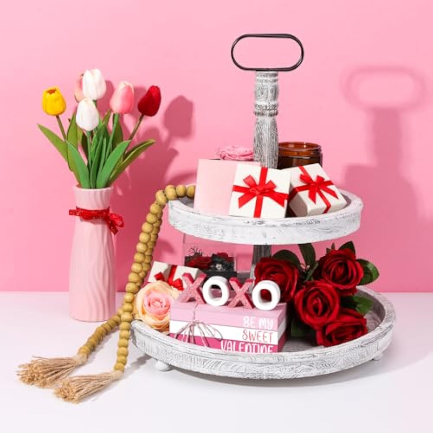 2 Pcs Pink Valentine'S Day Tiered Tray Decor Bundle, Rustic Wood Decorative Book Stack,Be My Sweet Valentine Love Table Sign With Twine For Farmhouse Shelf Home Tiered Tray Decor(Pink)