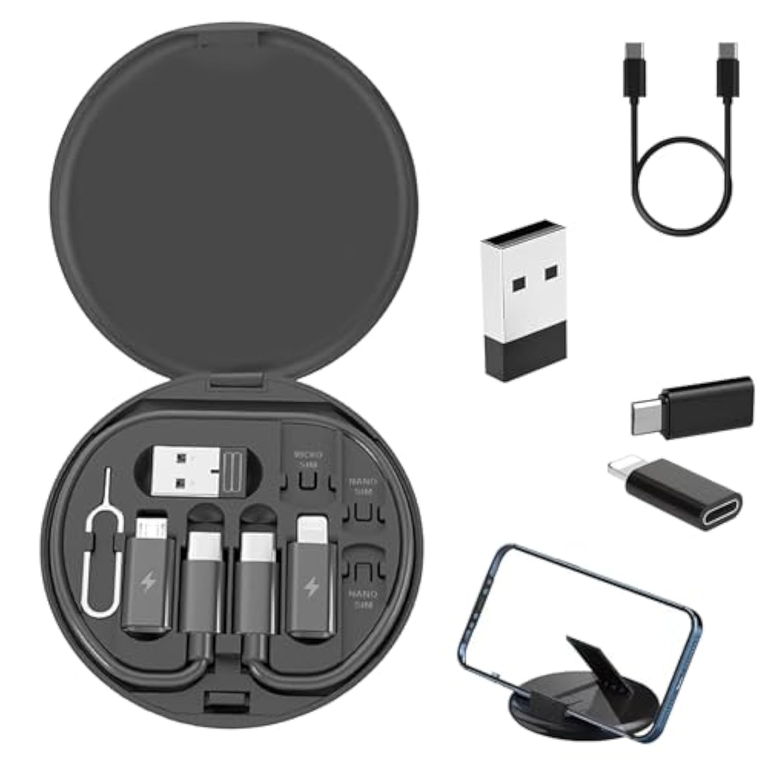 60Wctoc Charging Adapter Cable Kit, Fast Charging & Data Transfer W/Type C/Lightning/Micro Usb, Sim Storage Tool, Data Transfer Tech Travel Cable Kit, Phone Holde (Black)