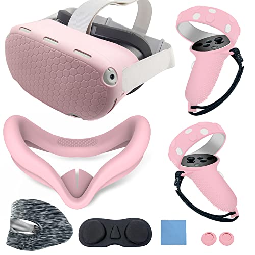 Jymegovr For Oculus Quest 2 Silicone Cover, Protective Cover Accessories For Meta Vr, Multi Colors Soft Shell Skin, Controller Grips & Face Cover Set (Pink)