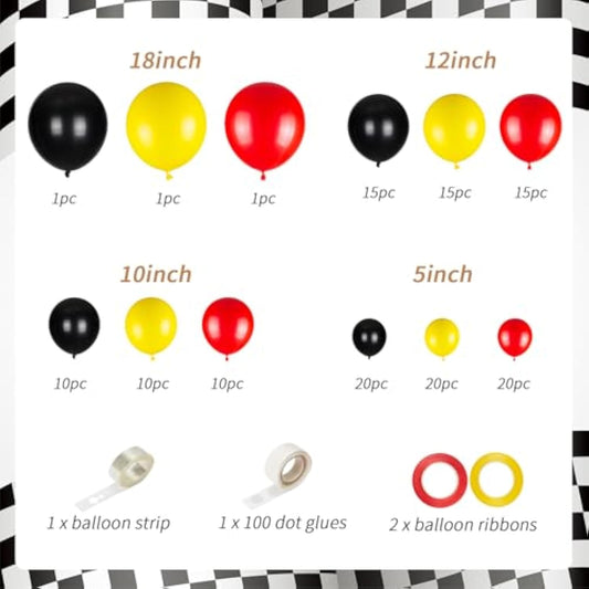 178Pcs Race Car Balloon Garland Arch, Red Black Yellow Balloons Decoration With Checkered Flags And Wheels, Racing Themed Birthday Party Supplies For Boys & Girls