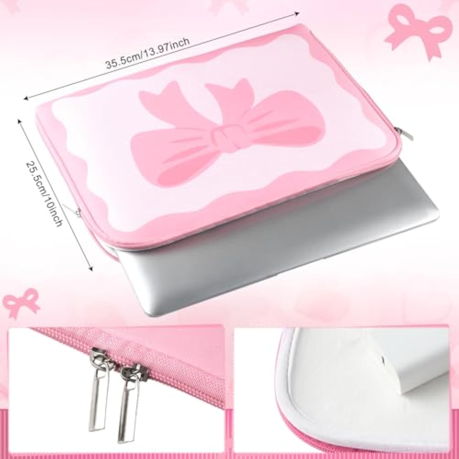 Pink Bow Laptop Case 13-13.3 Inch Cute Coquette Bow Laptop Sleeve Bag Kawaii Pad Notebook Cover Neoprene Computer Sleeve Bag With Small Case