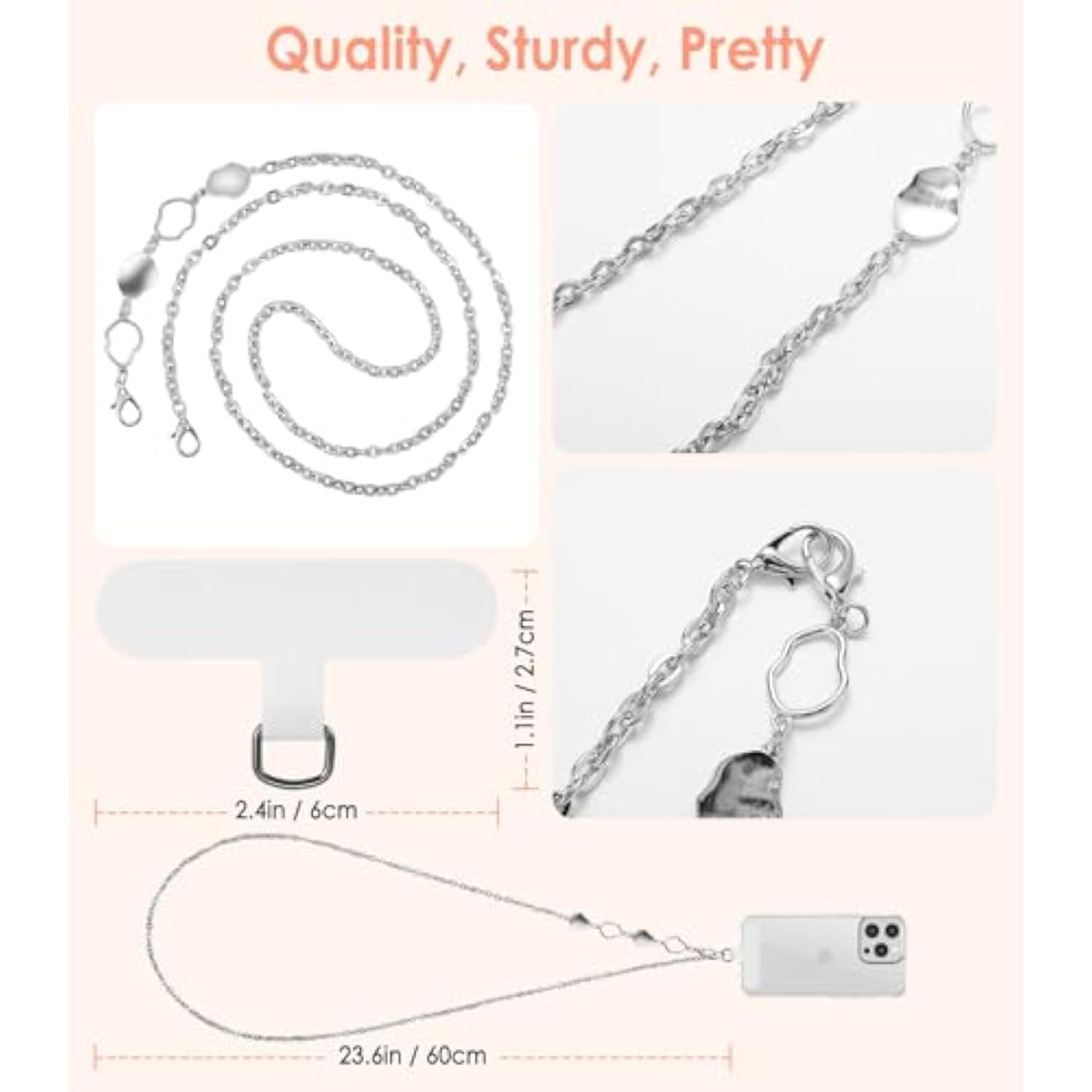 MoKo Universal Phone Lanyard, Metal Cell Phone Chain Crossbody Strap Anti-Theft Detachable Women Cellphone Lanyards Around The Neck with Patches for iPhone, Most Smartphones - Silver