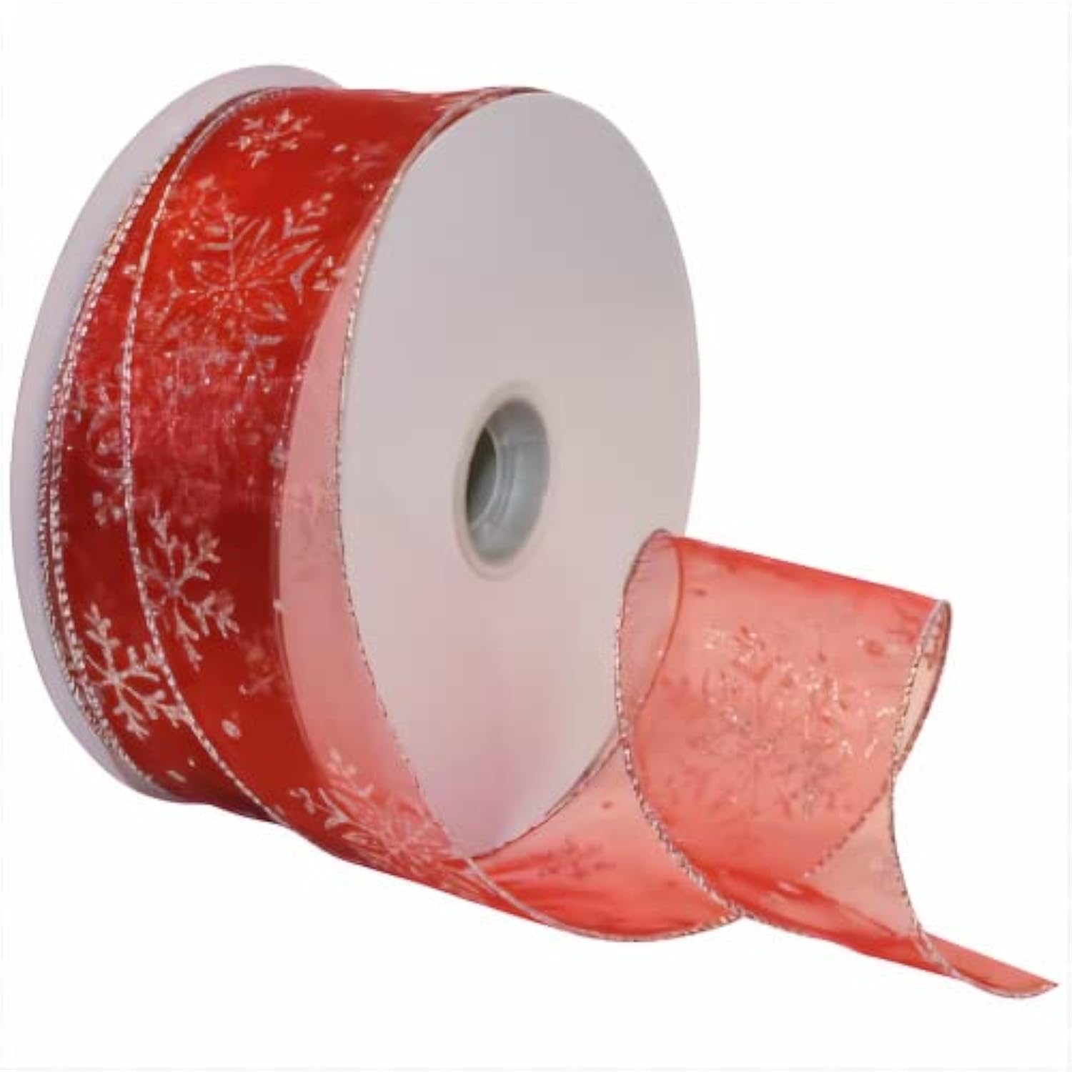 7405.60/50-919 Snowflake 2.5" X 50 Yd Nylon Sheer Wired Glitter Ribbon, Red/Silver, Ribbon Art Supplies For Christmas Decorations, Indoor Christmas Ribbon For Gift Wrapping Art Set