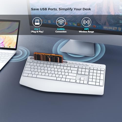 5Th Gen Wireless Keyboard,2.4G Full-Sized Cordless Ergonomic Keyboard With Wrist Rest, Phone Ipad Holder, Adjustable Angle, Compatible With Laptop/Pc/Mac/Windows, White