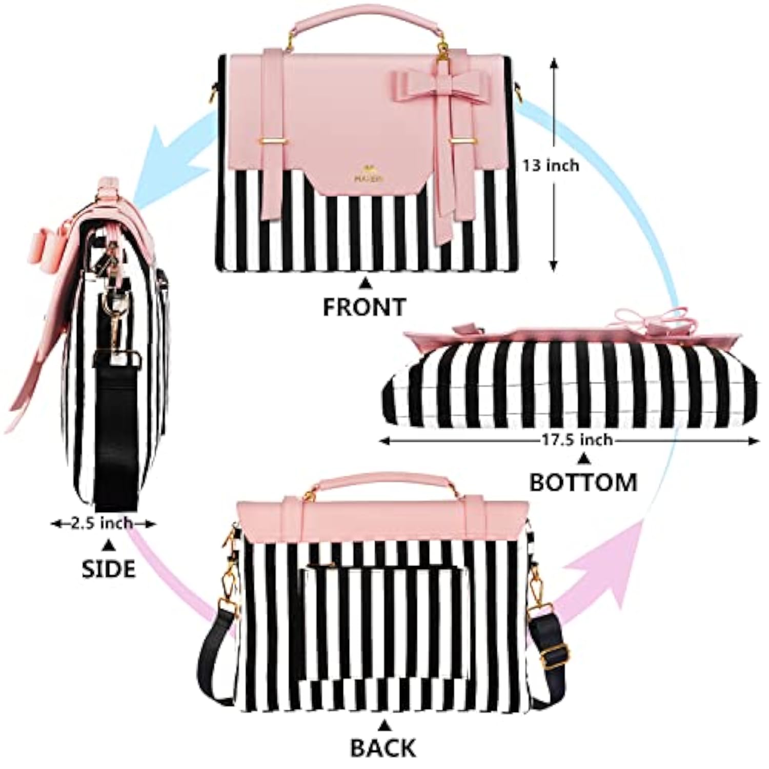 Laptop Bag For Women, 17 Inch Cute Computer Briefcase Laptop Carrying Case, Lightweight Messenger Sleeves Shoulder Work Tote Bag With Bow & Rfid Pocket Gifts For College Office Business, Pink