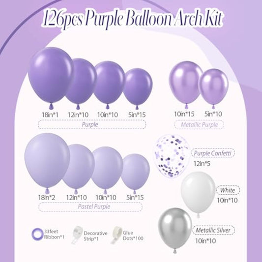 Purple Balloons Garland Arch Kit, 126Pcs Lavender Party Decorations With Metallic Silver Purple Confetti Balloons For Butterfly Birthday Wedding Baby Shower Party Decorations