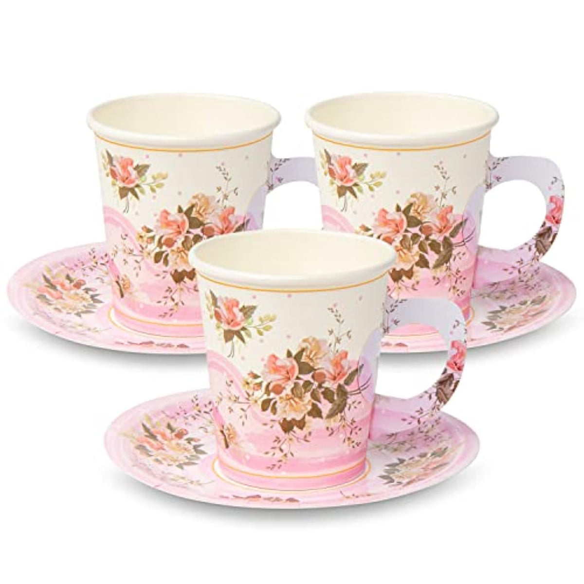 Paper Tea Cup Set, 24 Disposable Teacups With Handles & Saucers, Floral Design For Hot & Cold Drinks, Tea Party Decorations, Tableware