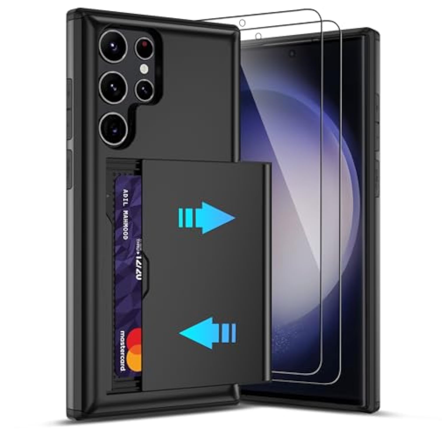 For Samsung Galaxy S23 Ultra Case With Card Holder And (2 Pcs) Hd Screen Protector, Slim Heavy Duty Dual Layer Shockproof Design & Hidden Card Slot Wallet Case For S23 Ultra 5G-Black