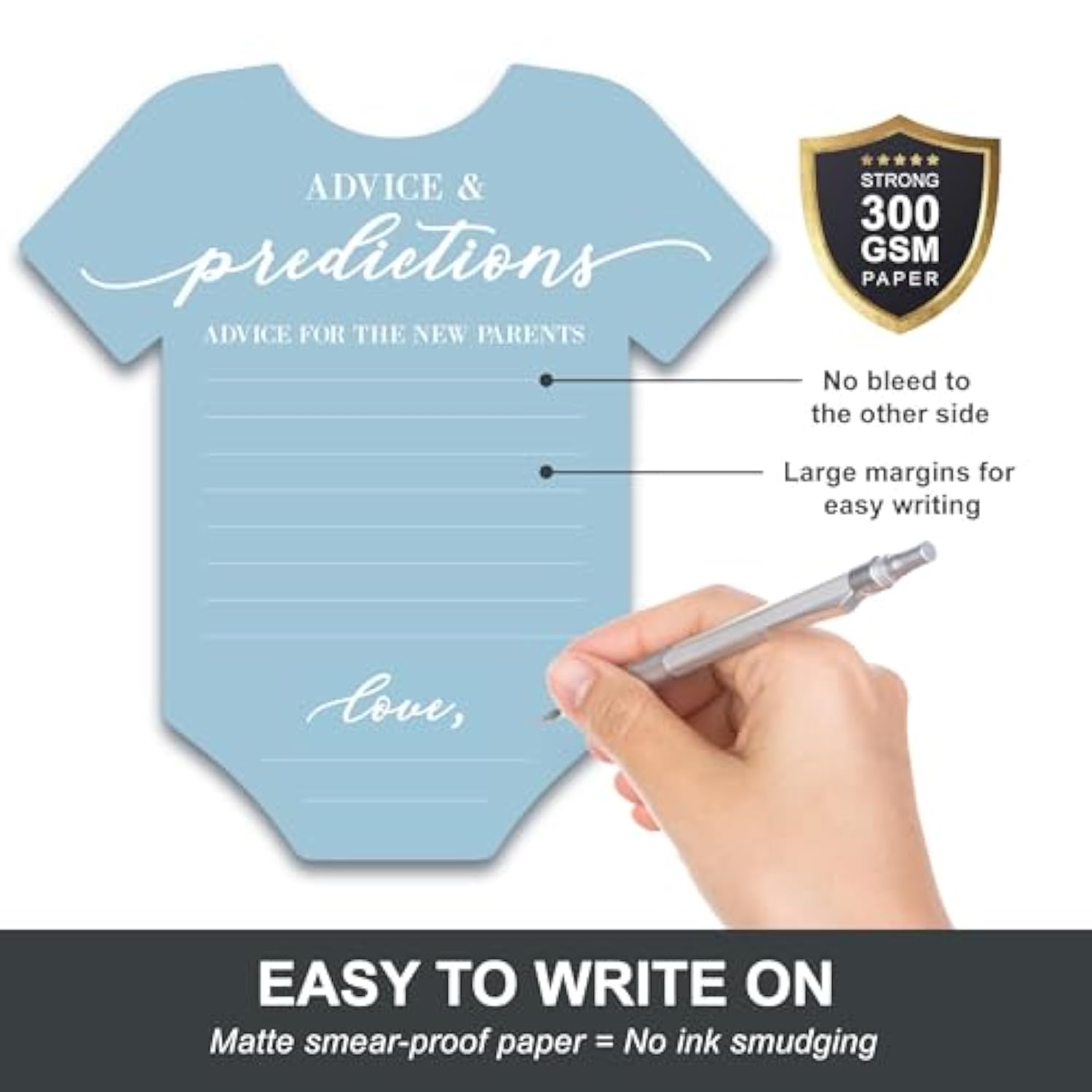 Baby Shower Advice & Prediction Cards - For 50 Guests - Blue Onesie Double Sided Advice + Predictions Cards - Minimalist Baby Shower Decorations & Games For Boys - (Set Of 50)