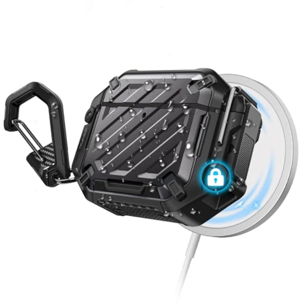 SUPCASE for AirPods 4 Case with Lock & Carabiner (Unicorn Beetle Pro), [IP68 Waterproof] [Military-Grade Protection] [Supports Wireless Charging] Anti-Scratch Hard Shell Waterproof Cover, Black