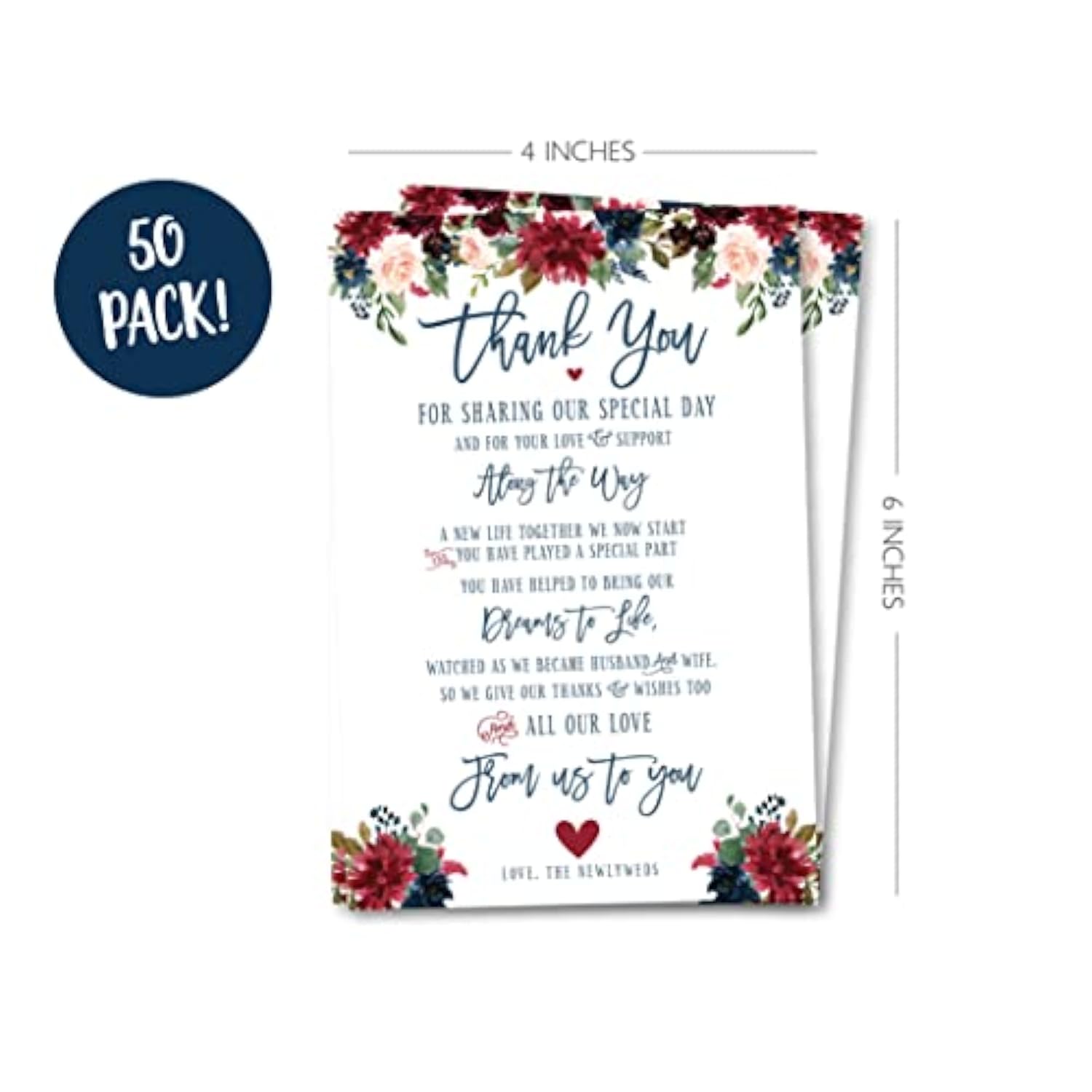 50 Navy Burgundy Floral Wedding Thank You Cards – Reception Table Place Setting Decorations – Elegant Guest Appreciation Cards For Weddings, Bridal Showers, Engagement Parties
