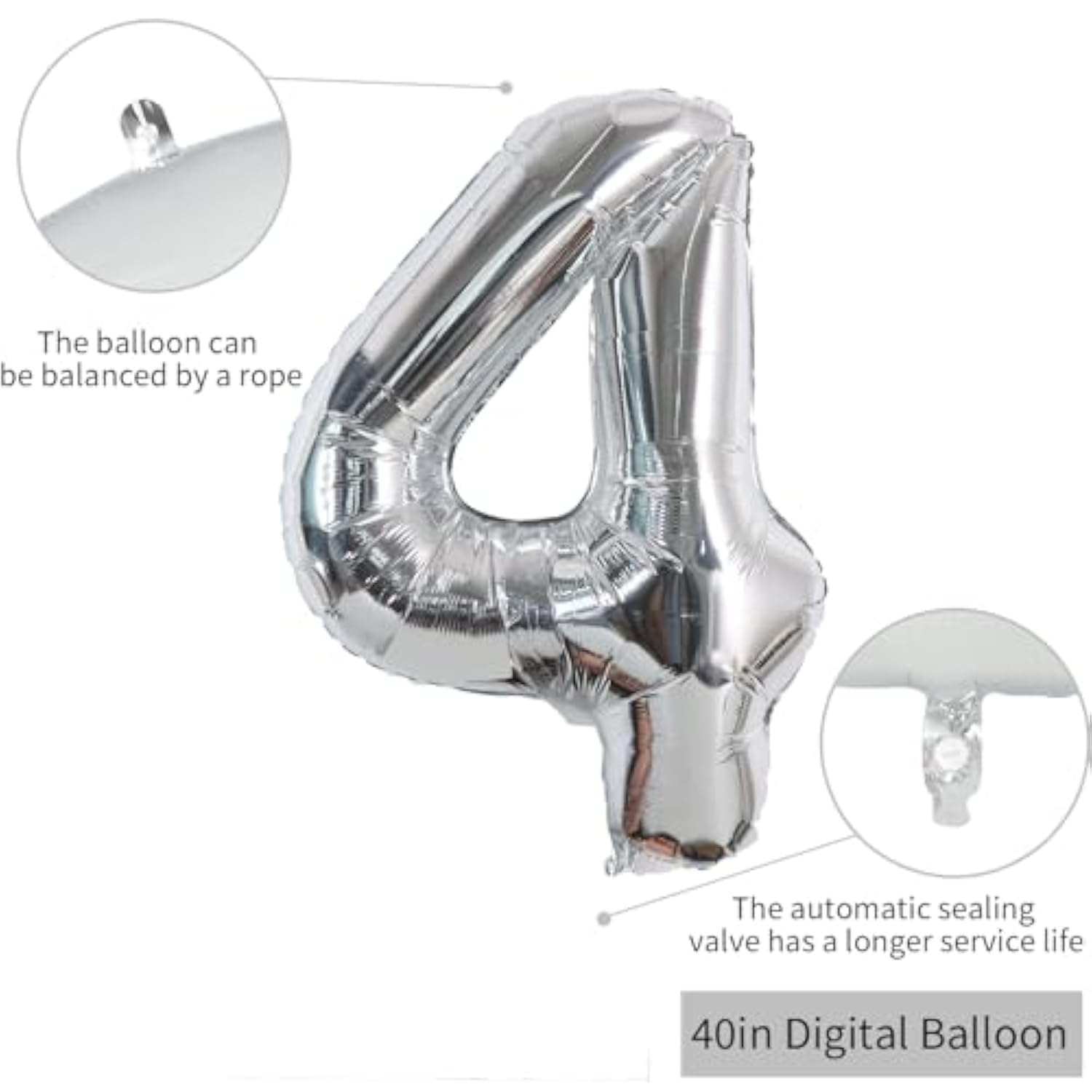 40in Silver Number 4 Foil Balloon Birthday Party Anniversary Decor