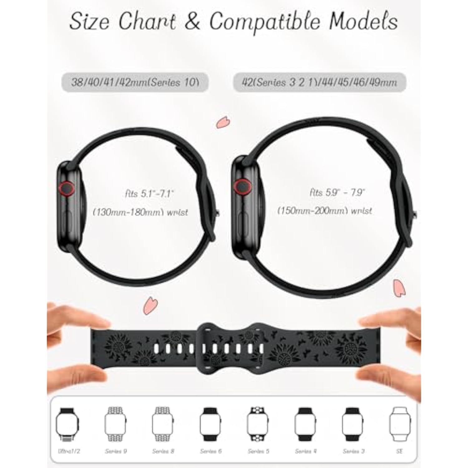 Floral Silicone Apple Watch Band for Women, Sunflower Design, Multiple Sizes