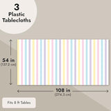 3-Pack Pastel Striped Party Tablecloths (54x108") Disposable Plastic Covers