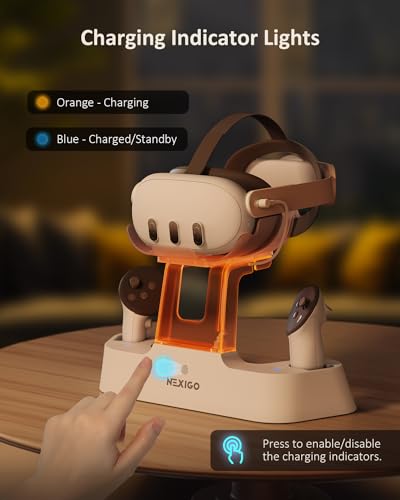 Enhanced Charging Dock for Meta Quest 3 and 3S, with LED Light [On/Off], [Support Elite Strap with Battery], Headset Display Holder and Controller