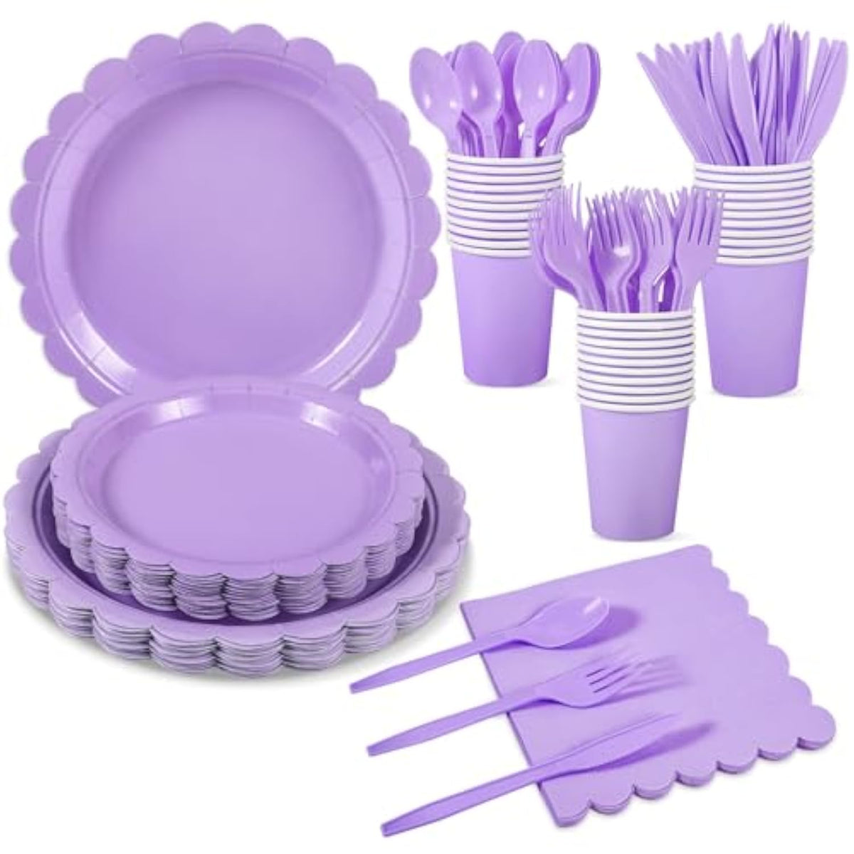 175 Pcs Lavender Paper Plates And Napkins, Light Purple Party Supplies Include Scalloped Lavender Plates Napkin Cup Plastic Cutlery For Garden Party, Baby Shower, Wedding, Birthday