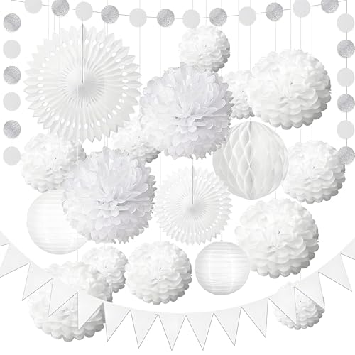 White Tissue Paper Pom Poms 12Pcs- Hanging Paper Flowers for Wedding Birthday Graduations Christmas and Special Occasions(10 & 12 inch)