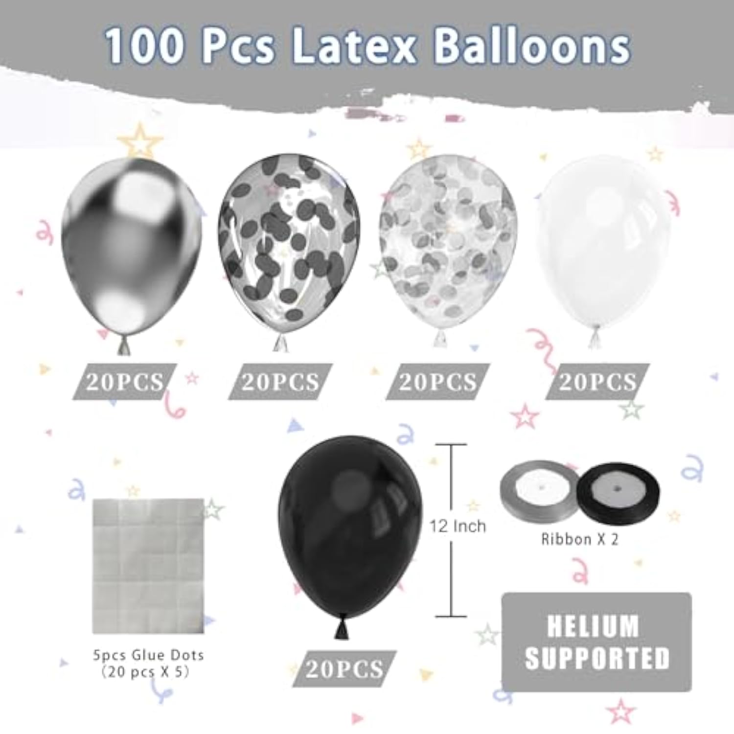 100Pc 12" Black, Metallic Silver, & Glitter Confetti Balloons Set Party Decor