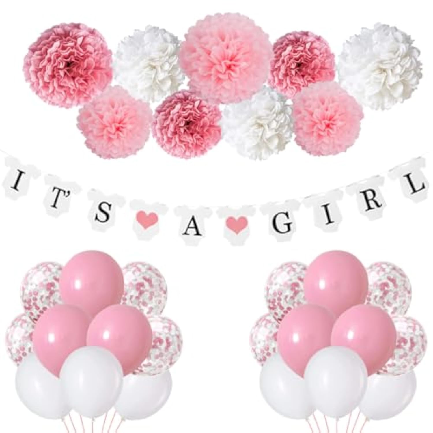 "It's A Girl" Baby Shower Decorations Banner & Paper Pom Poms for Girl Party Decor