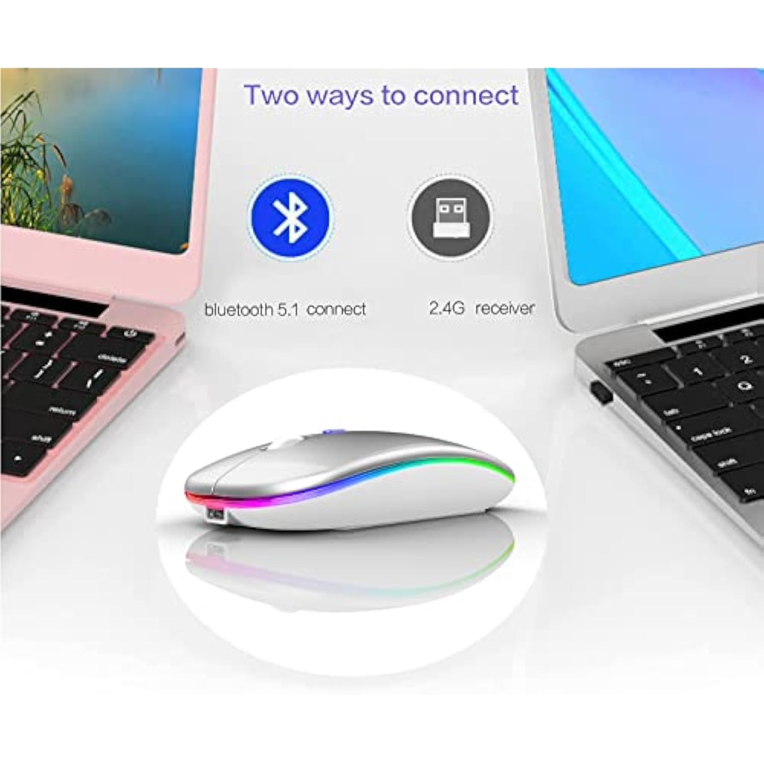 Bluetooth Wireless Mouse For Laptop Mac Macbook Macbook Air Macbook Pro Pc Desktop Computer Windows Chromebook Notebook (Silver White)