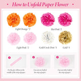 Hot Pink & Orange Birthday Decorations - Gold Balloons, Paper Pompoms, Tassels, Banner & Circle Garland For Teen Women