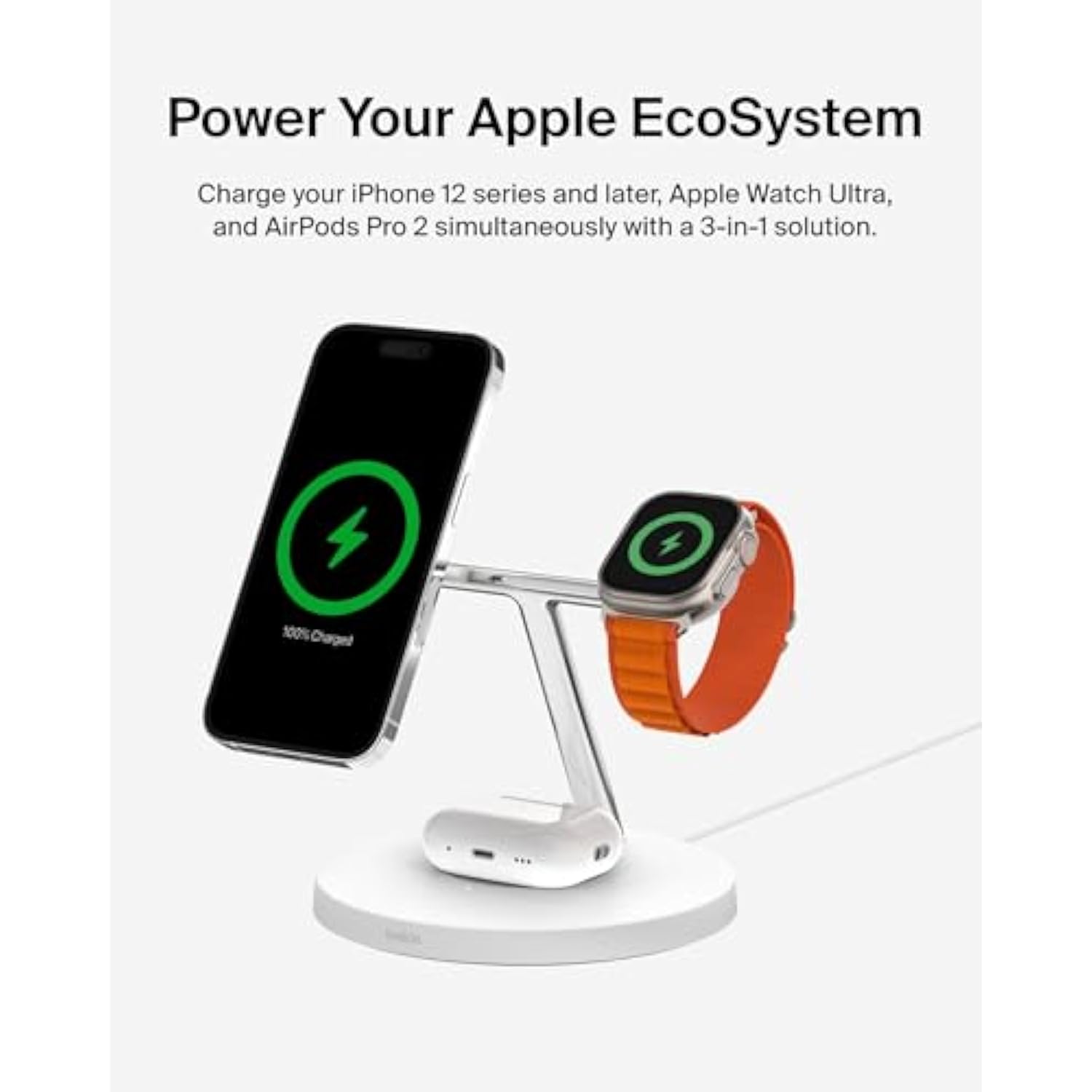 Belkin MagSafe Charger, 3-in-1 Wireless Charging Stand, 2ND GEN, 33% Faster for Apple Watch, iPhone 16, iPhone 15, iPhone 14 Series, AirPods - MagSafe Charging Station for Multiple Devices - White