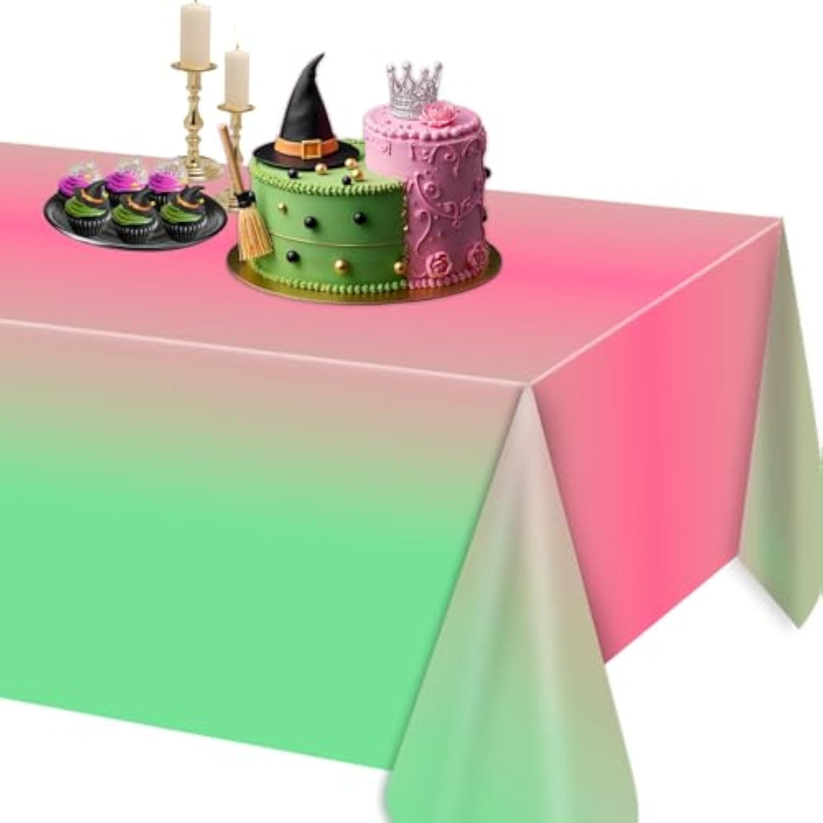 1 Pack Witch Birthday Party Decorations Tablecloth, Pink And Green Disposable Rectangle Plastic Table Decors Cloth For Kids Baby Shower Wedding Party Supplies, 54 X 108Inch