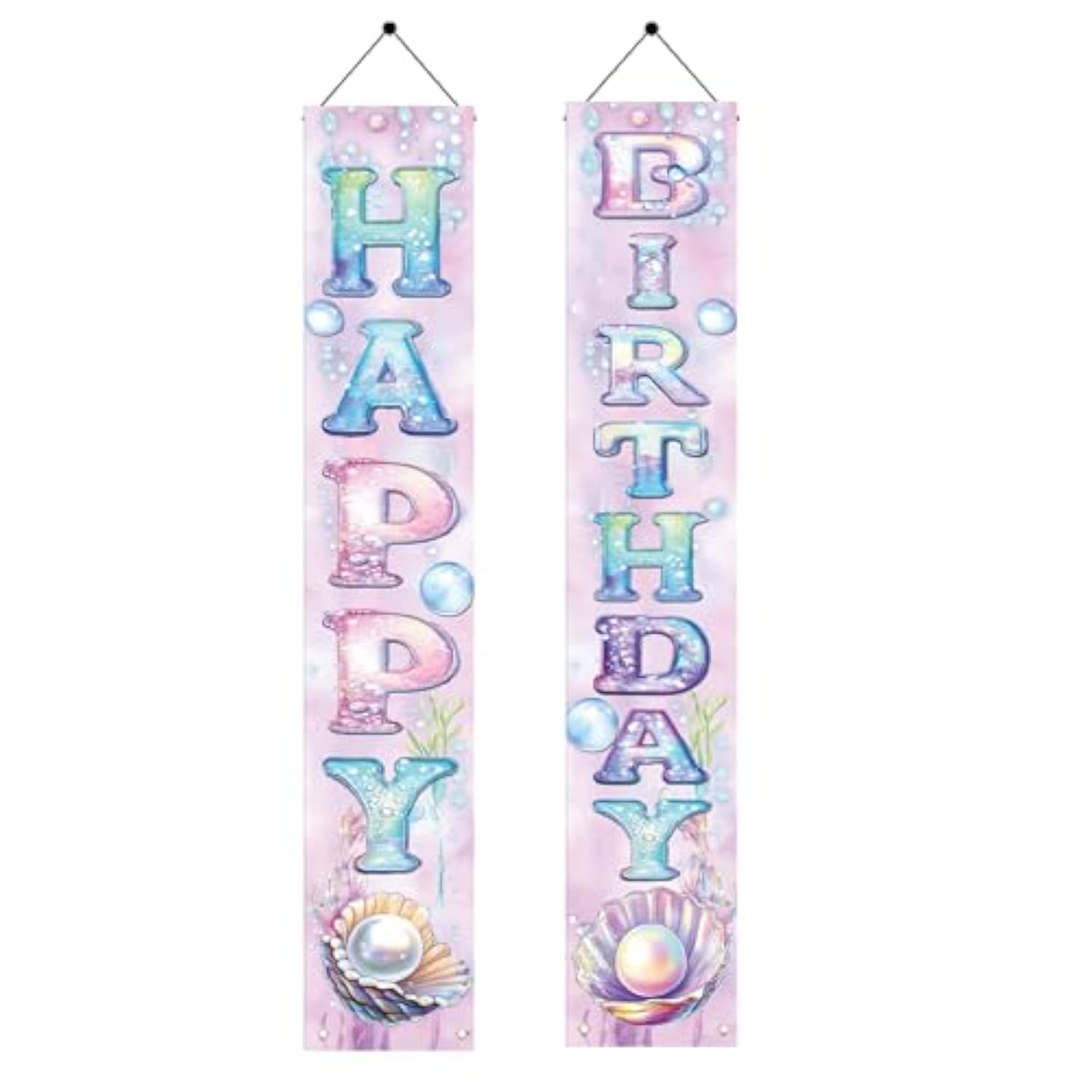 2Pcs Happy Birthday Hanging Banner Porch Sign Mermaid Seashell Decorations Birthday Front Door Wall For Girls Kids Welcome Holiday Party Supplies Children Classroom 71 X 12 Inch