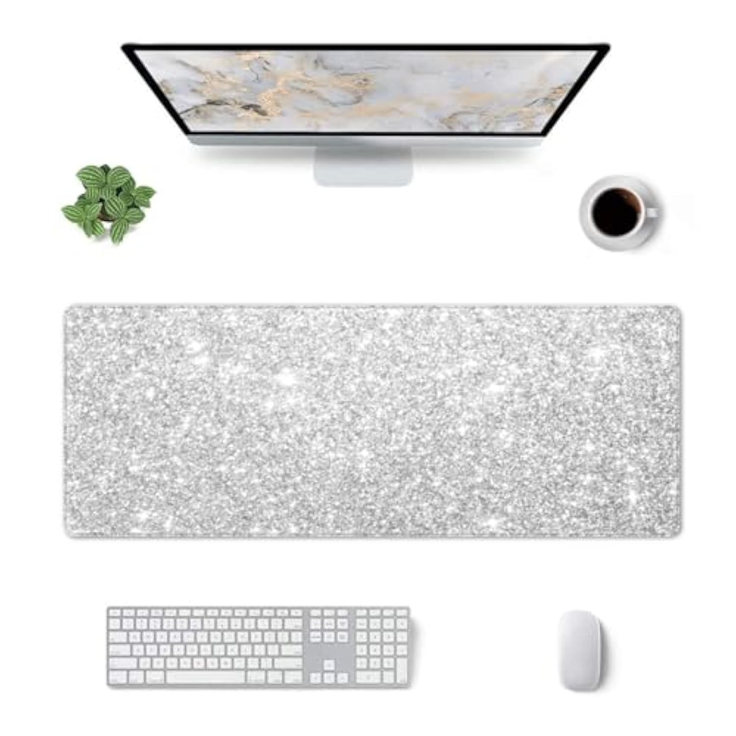 Silver Glitter Large Gaming Mouse Pad 31.5"X11.8" Waterproof Non-Slip Desk Mat For Office/Gaming Keyboard And Mouse With Rubber Base For Home And Work