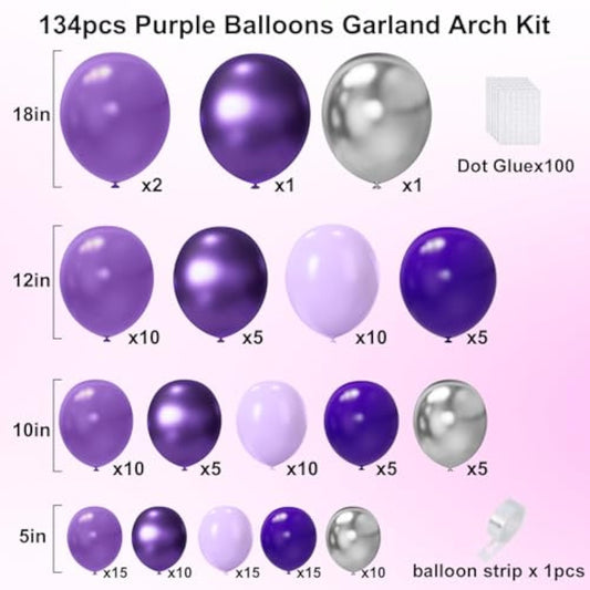 Purple Balloon Garland Arch Kit - 134Pcs Mixed Size Purple & Silver Balloons For Birthday, Wedding & Baby Shower Decorations