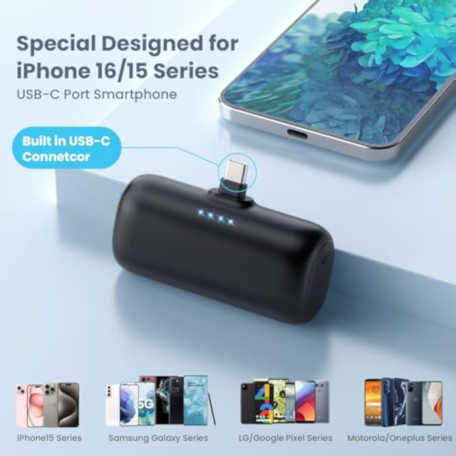 Mini Portable Charger Usb C Power Bank,5200Mah 15W Pd Phone Charger For Iphone,Ultra-Compact Plug In Battery Pack Compatible With Iphone 16/16Plus/15/15Plus/15Pro Max,Galaxy S25/S24,Ipad,Android Etc