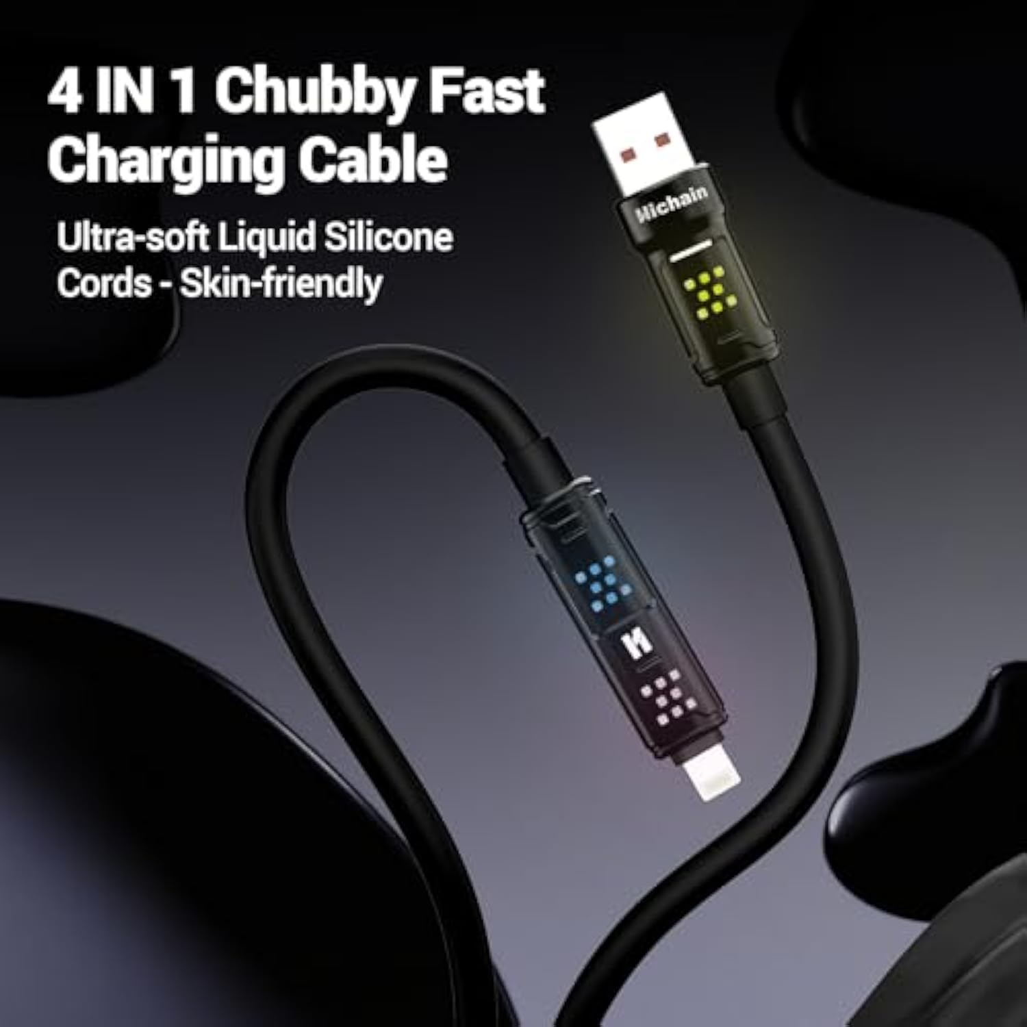 4 In 1 Charging Cable, 100W Fast Charging Usb C Cable With Breathing Light, Chubby Usbc Cables Usb A/C To C/Lightning, 4Ft Multi Chargers Cord For Iphone Ipad Galaxy Macbook Laptop