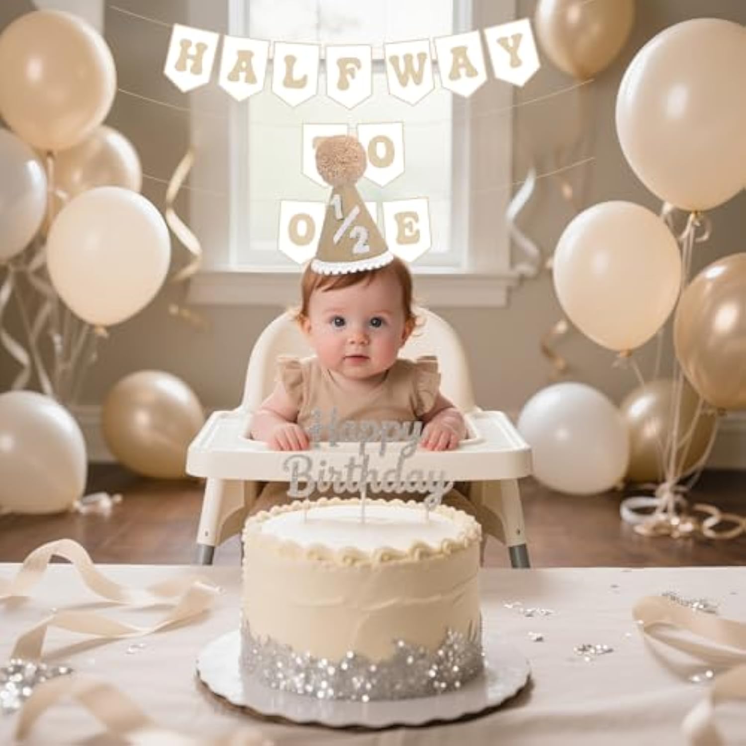 6 Months Birthday Decorations, Beige Half 1/2 Birthday Decorations With Half Way To One Banner And 1/2 Bir-Thday Hat For Six Months Ha-Lf Year Bd Decor-Ations Boy Girls