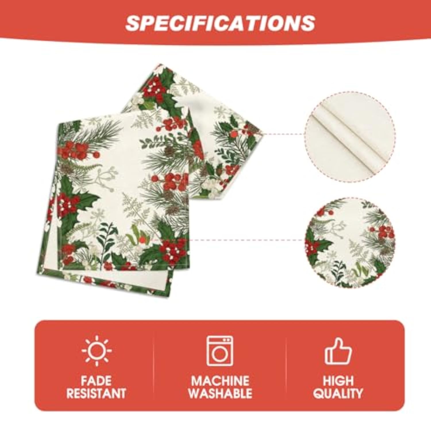 Holly Pine Cone Christmas Table Runner, Seasonal Winter Kitchen Dining Table Decoration For Home Party Decor 13X72 Inch